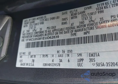 2014 Ford Escape Se z USA, uszkodzony, nr VIN 1FMCU0G91EUD62839